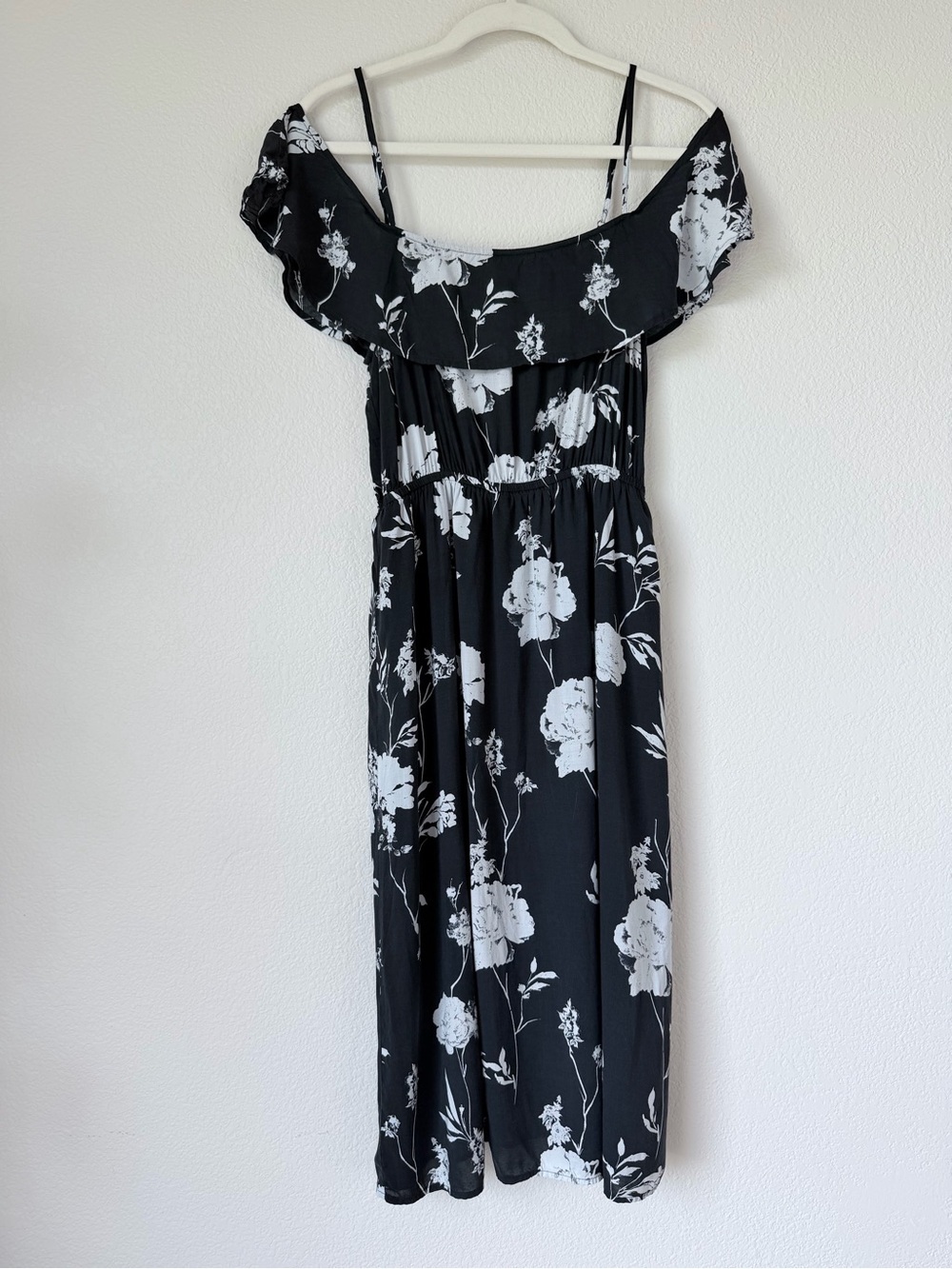 Lucky Brand Black White Floral Off Shoulder Midi Dress Small